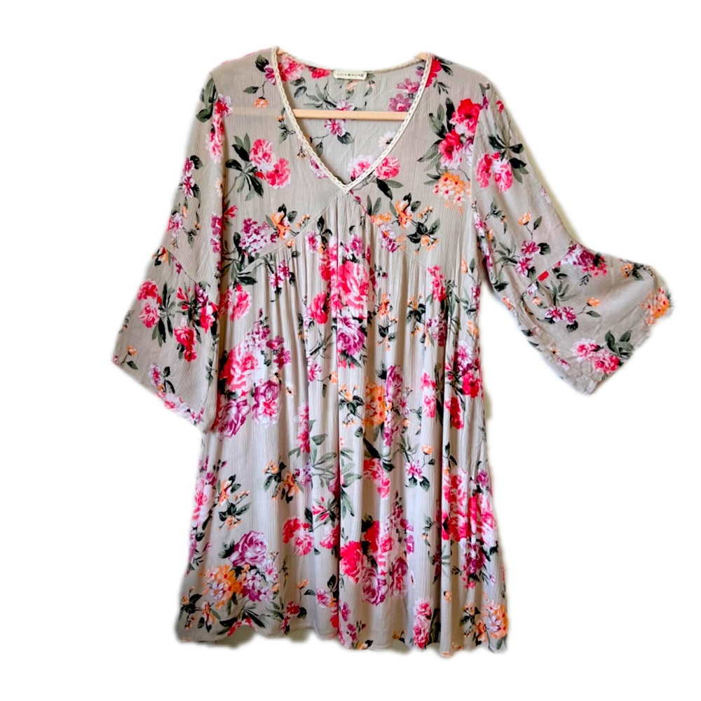Coco & Main Mini Floral Dress/Top Boho Chic with Ruffled Sleeves. Womens Size XL